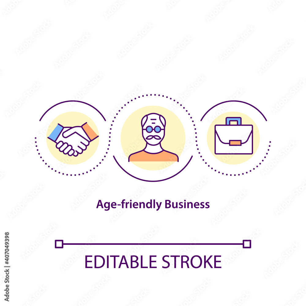 Age friendly business concept icon. Provide provide customer service experience. Services that meet all needs idea thin line illustration. Vector isolated outline RGB color drawing. Editable stroke