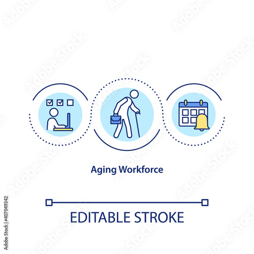 Aging workforce concept icon. Eldery people as employees on working place. Less productivity from old worker idea thin line illustration. Vector isolated outline RGB color drawing. Editable stroke