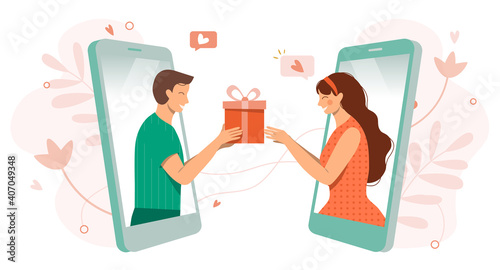 Happy Valentine's Day concept.Love.Be my Valentine.Online dating during coronavirus, long social distance couple, virtual relationships vector illustration.Cute man and women in love via smartphone
