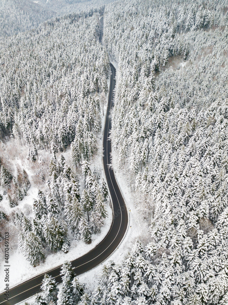 Aerial view of a snow-covered forest road
