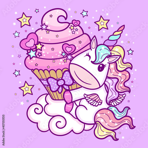 Fototapeta Cute cartoon unicorn with a cupcake on a cloud