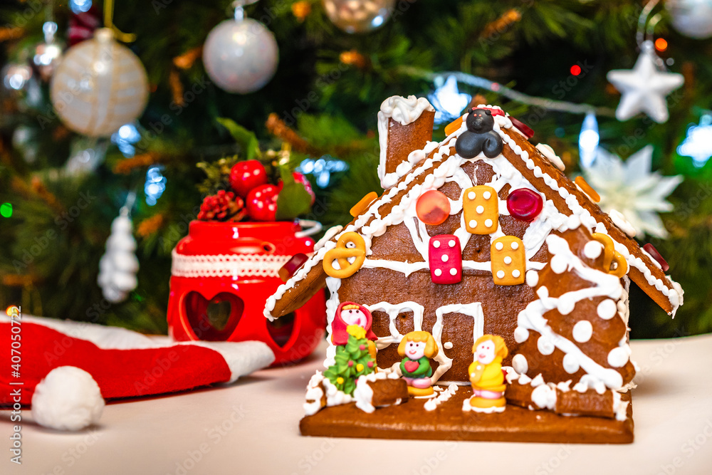 Homemade gingerbread house with selective focus
