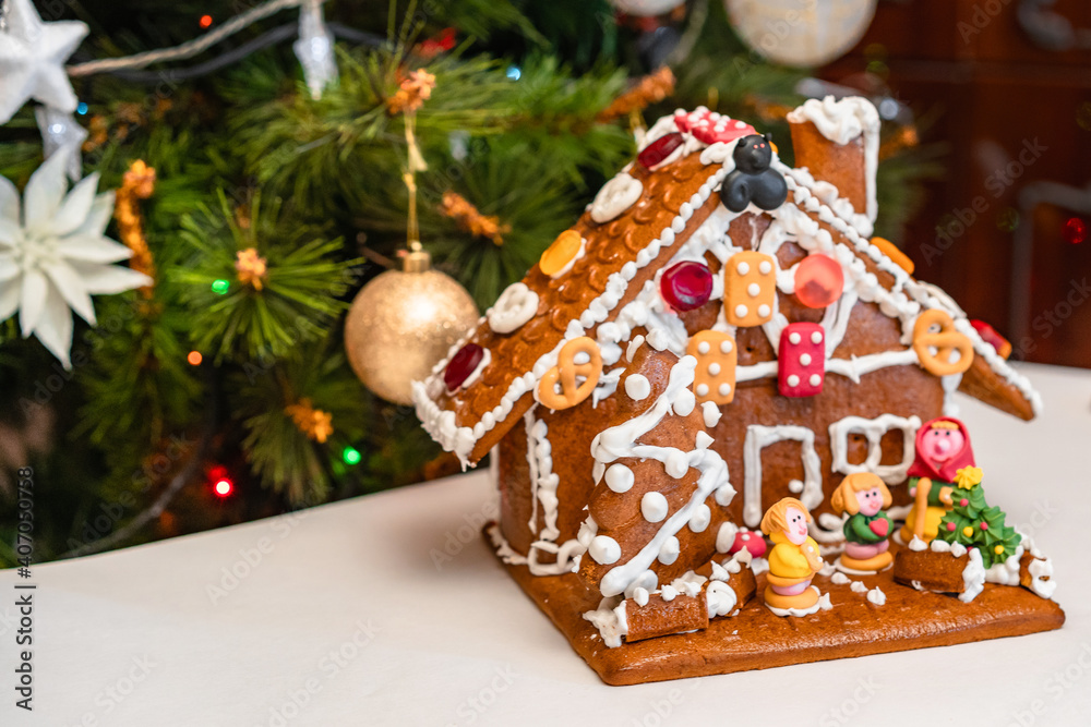 Homemade gingerbread house with selective focus