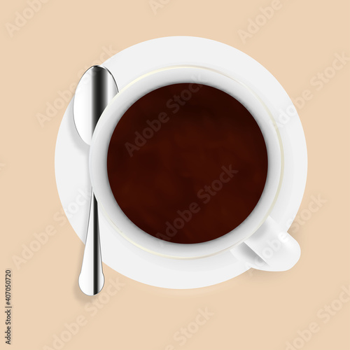Vector 3d realistic white porcelain ceramic mug, coffee, steel silver spoon and saucer isolated. Americano. Design template for layout. View from above.