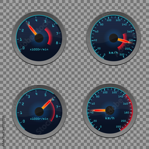 Set of isolated dashboard speedometers. Motorbike or motorcycle, auto or automobile, lorry speed measure gauge.