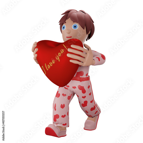 3D rendering illustration. A person carries his heart with love isolated.  Congratulations on Valentine's Day, Happy Birthday and Holidays.