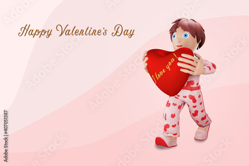 3D rendering illustration. A person carries his heart with love on a pink background.  Congratulations on Valentine's Day, Happy Birthday and Holidays.