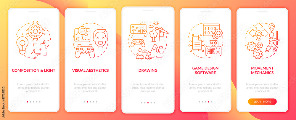 Game designer skills onboarding mobile app page screen with concepts. Drawing realistic games walkthrough 5 steps graphic instructions. UI vector template with RGB color illustrations