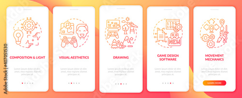 Game designer skills onboarding mobile app page screen with concepts. Drawing realistic games walkthrough 5 steps graphic instructions. UI vector template with RGB color illustrations