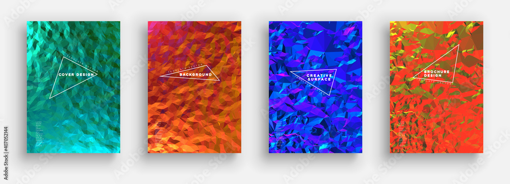 Minimal covers design. Colorful gradients. Future triangle patterns. 3d surface.