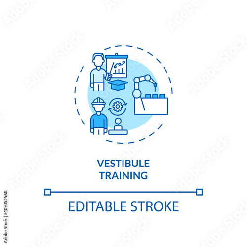 Vestibule training concept icon. Spending time learning in special section idea thin line illustration. Near-the-job education. Vector isolated outline RGB color drawing. Editable stroke