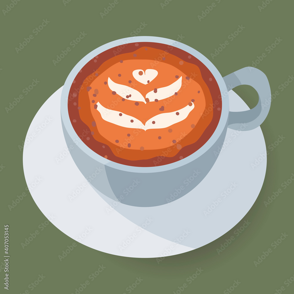 Barista work - latte art on cappuccino with milk foam and cinnamon. Top view on coffee cup on saucer. Vector art for cafe, coffee shop and takeaway coffee stall. Barista work - latte art on cappuccino with milk foam and cinnamon. Top view on coffee cup on saucer. Vector art for cafe, coffee shop and takeaway coffee stall.