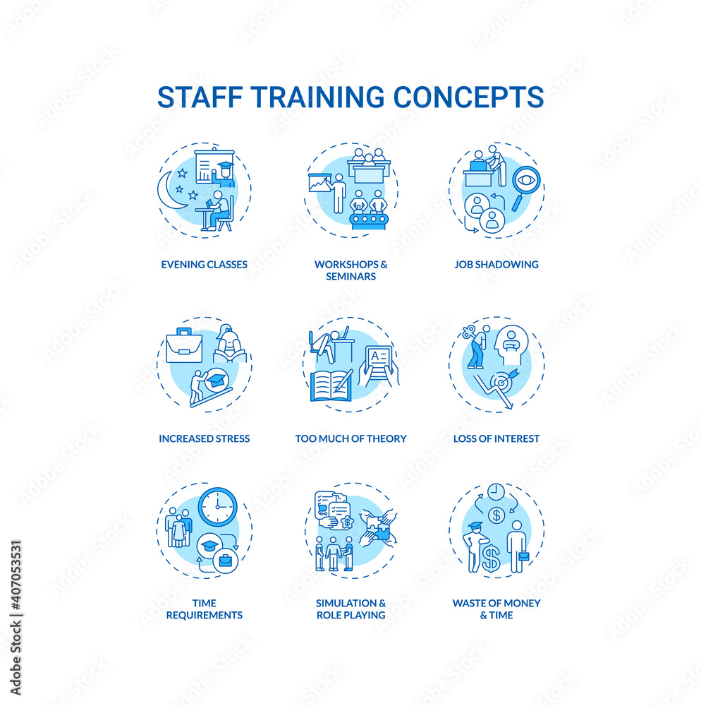 Staff training concept icons set. Employee development idea thin line RGB color illustrations. Workshops and seminars. Job shadowing. Interest loss. Vector isolated outline drawings. Editable stroke