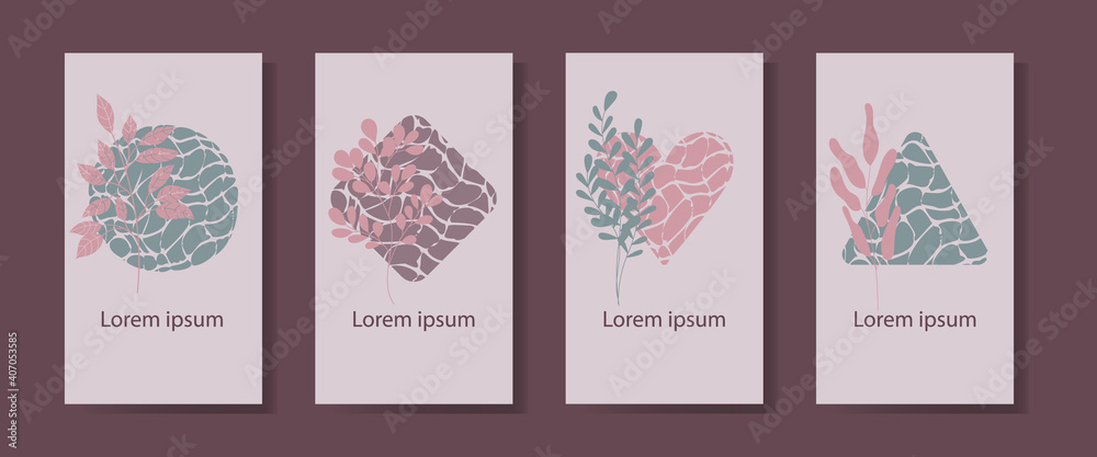 Set of four vector backgrounds in a minimalist style with figures, branches and space for an inscription. Design for use in social networks, on postcards, flyers, business cards, posters, invitations.