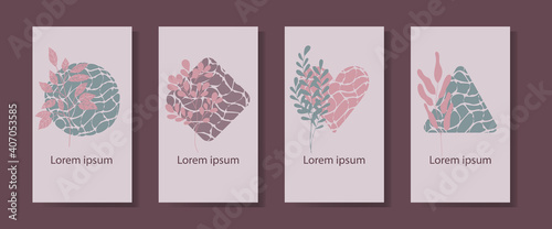Set of four vector backgrounds in a minimalist style with figures, branches and space for an inscription. Design for use in social networks, on postcards, flyers, business cards, posters, invitations.
