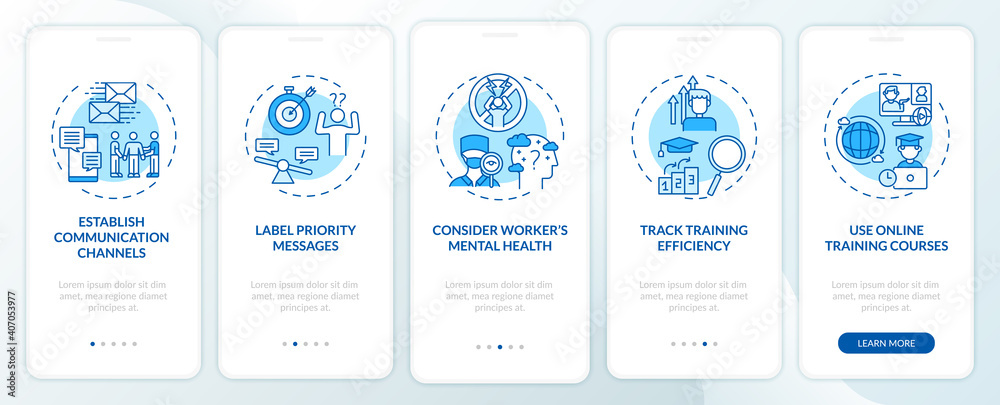 Staff reboarding advices onboarding mobile app page screen with concepts. Communication, training efficiency walkthrough 5 steps graphic instructions. UI vector template with RGB color illustrations Staff reboarding advices onboarding mobile app page screen with concepts. Communication, training efficiency walkthrough 5 steps graphic instructions. UI vector template with RGB color illustrations
