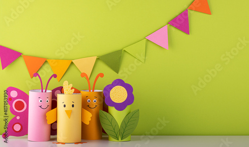 handmade toilet paper roll toys for children, bunnies butterflies birds. needlework is a craft made of paper