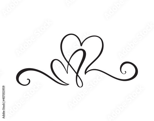 Black Flourish vintage Vector divider Valentines Day Hand Drawn Calligraphic Two Hearts. Calligraphy Holiday illustration. Design element valentine. Icon love decor for web, wedding