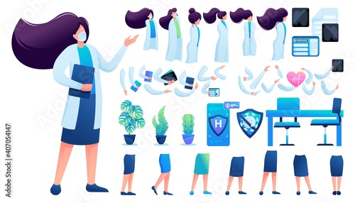 Constructor for creating a doctor women. Create your own character with a Set of hands and feet. Flat 2D vector illustration N4