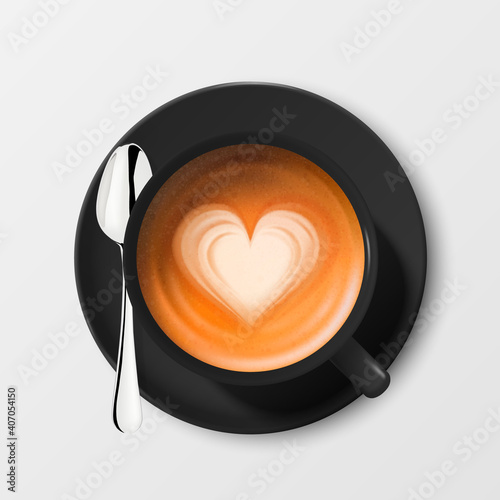 Vector 3d Realistic Ceramic Black Coffee Mug, Cup, Saucer and Teaspoon Isolated on White Background. Milk Coffee, Foam, Heart Pattern. Espresso, Capuccino, Latte. Design Template. Top View