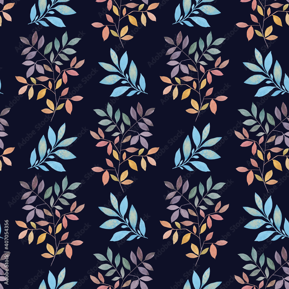 seamless botanical pattern watercolor. drawn leaves for design. 