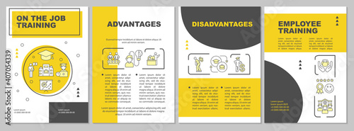 On the job training brochure template. Disadvantages of learning. Flyer, booklet, leaflet print, cover design with linear icons. Vector layouts for magazines, annual reports, advertising posters