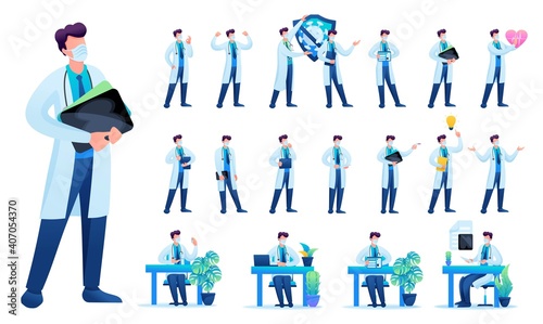 Set of Man doctor. Presentation in various in various poses and actions. 2D Flat character vector illustration N1