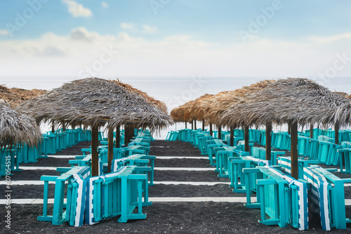 Fototapeta Naklejka Na Ścianę i Meble -  Perissa black sand beach - Santorini Cyclades island - Aegean sea