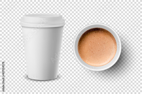 Vector 3d Realistic Paper White Disposable Cup Set Isolated with Milk Coffee Foam Isolated. Latte, Capuccino. Stock Vector Illustration. Design Template. Top and Front View