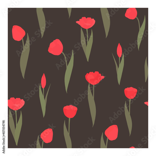 Seamless vector pattern with red tulips on a dark background. The floral ornament. Suitable for textile, manufacturing, fabric, wallpaper, decoration, web, design.