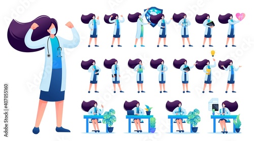 Set of Woman doctor. Presentation in various in various poses and actions. 2D Flat character vector illustration N3