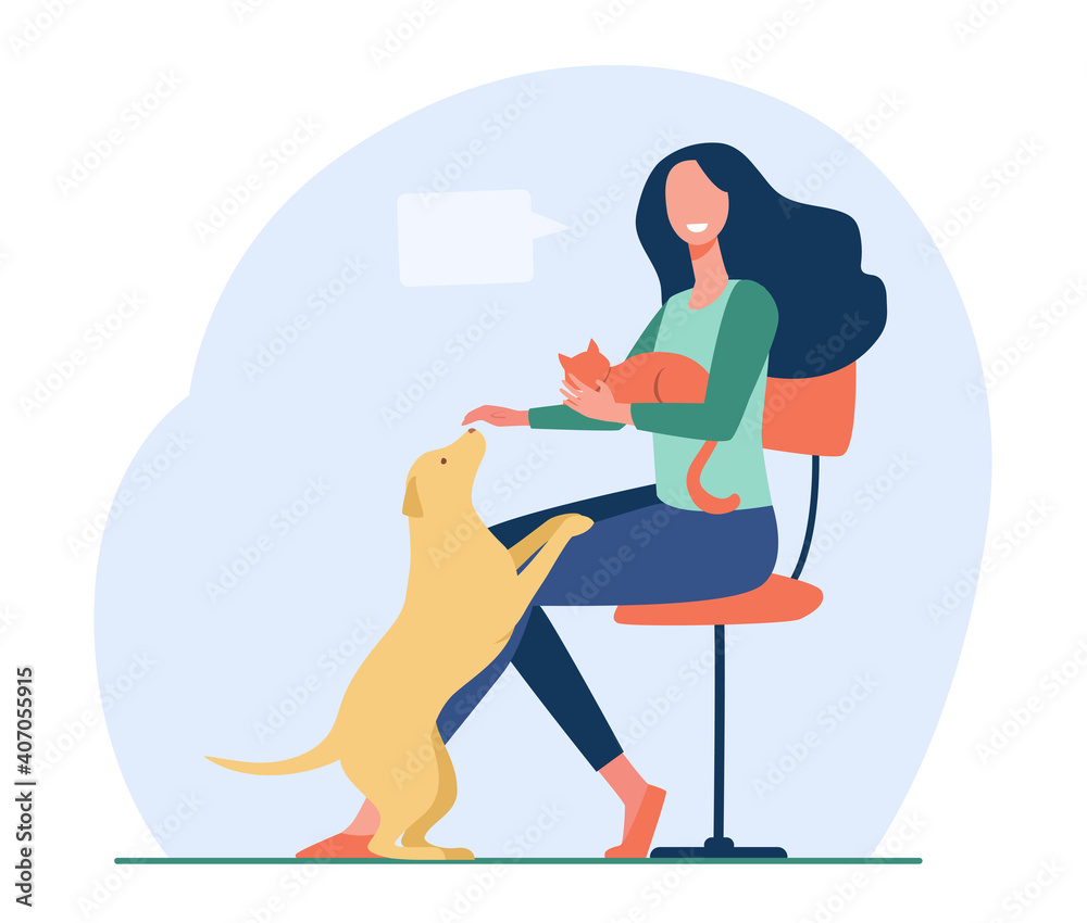 Cheerful woman sitting and playing with pets. Dog, cat, owner flat vector illustration. Domestic animals and care concept for banner, website design or landing web page
