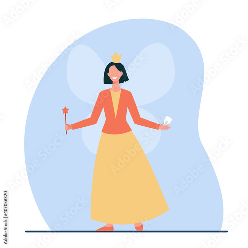 Happy tooth fairy smiling and holding tooth. Crown, wand, magic flat vector illustration. Fantasy and fairytale concept for banner, website design or landing web page