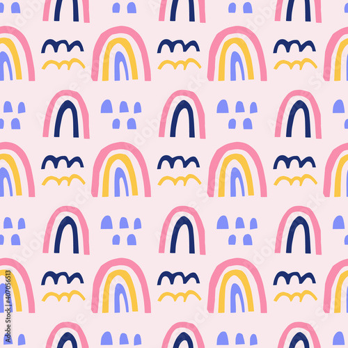 Rainbow seamless pattern. Cute scandinavian doodle background with abstract shapes for nursery  baby fabric  wallpaper. Trendy modern nordic geometric print for kids.