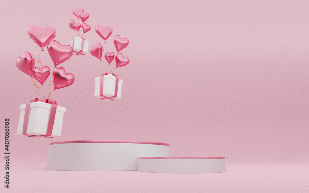 Empty white cylinder podium with pink border, gift boxes, hearts balloons on copy space background. Valentine's Day interior with pedestal. Mockup space for display of product design. 3d rendering.