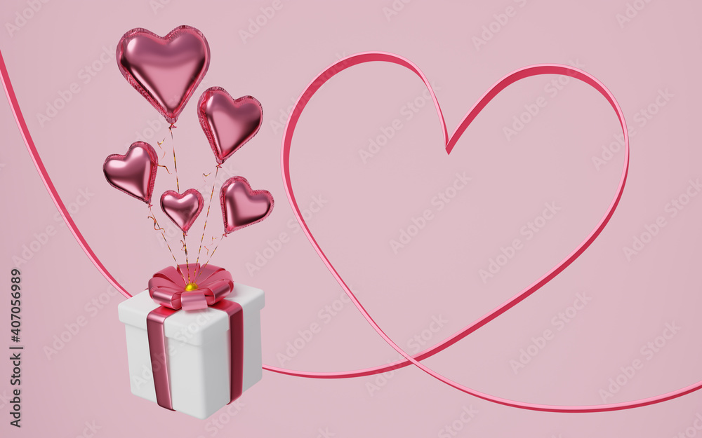 Copy space of Valentine's Day. Pink ribbon hearts with gift boxes, hearts balloons on pink background. Making love greeting cards. Mockup space for display of product design. 3d rendering.