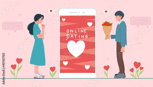 online dating concept. young man and woman dating on mobile application. with chat bubbles. Man holding flower bouquet. Valentines card. vector illustration flat design