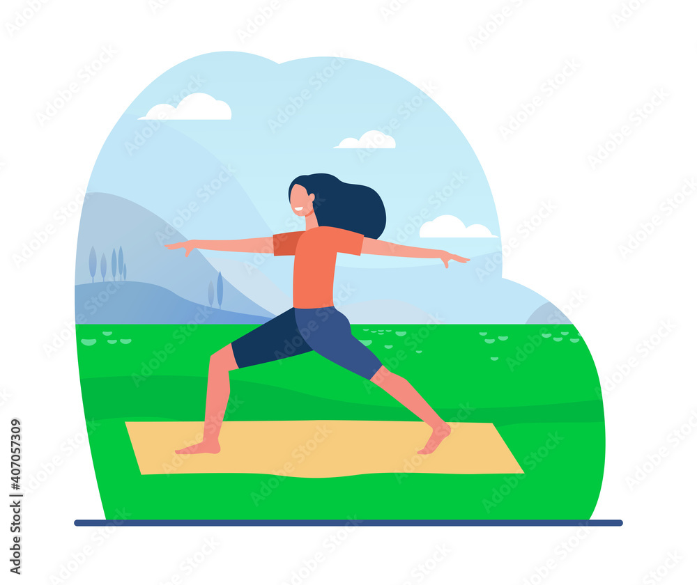 Happy woman doing yoga exercise on nature. Mat, pose, flexibility flat vector illustration. Healthcare and sport activity concept for banner, website design or landing web page
