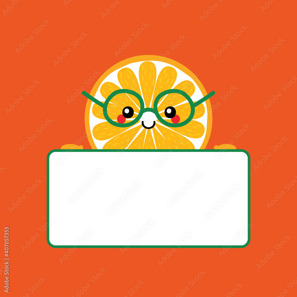 Cute smiling cartoon round slice orange character in glasses holding blank, empty card in hands.