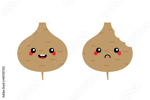 Cute cartoon style jicama vegetable characters, happy smiling and sad with bite mark.