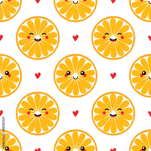 Vector seamless pattern background with cute smiling cartoon style orange round slice characters and hearts.