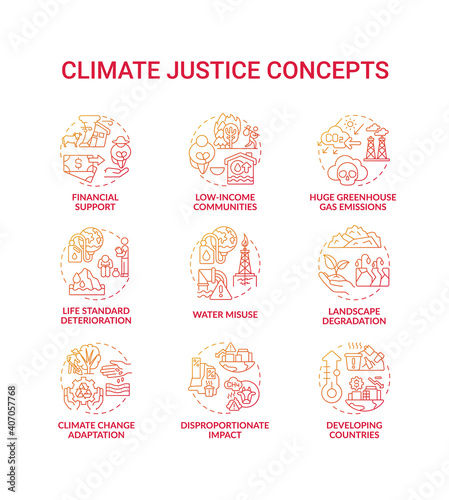 Climate justice concept icons set. Naturel protection idea thin line RGB color illustrations. Global warming. Climate justice. Vector isolated outline drawings