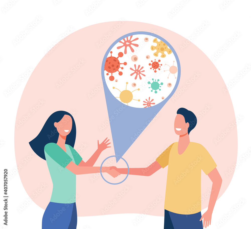 Obraz premium Transmission of infection. Couple shaking hands, communicating disease to each other. Flat vector illustration. Social contact and epidemic concept for banner, website design or landing web page