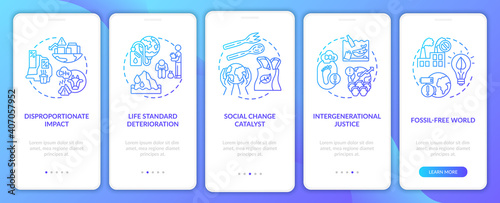 Climate justice categories mobile app page screen with concepts. Social change catalyst, climate justice walkthrough 5 steps graphic instructions. UI vector template with RGB color illustrations