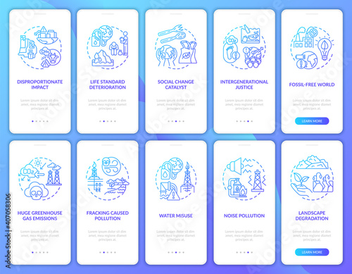 Climate justice categories onboarding mobile app page screen with concepts. Climate justice walkthrough 10 steps graphic instructions. Global warming. UI vector template with RGB color illustrations