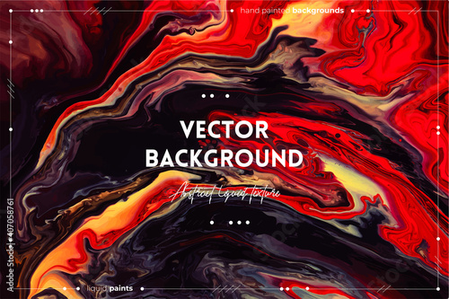 Fluid art texture. Backdrop with abstract swirling paint effect. Liquid acrylic artwork with flows and splashes. Mixed paints for website background. Red, brown, yellow and black overflowing colors
