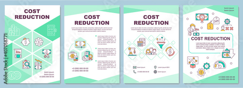 Cost reduction brochure template. Decrease money value of something. Flyer, booklet, leaflet print, cover design with linear icons. Vector layouts for magazines, annual reports, advertising posters