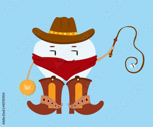 Tooth fairy cowboy. Character in a cowboy hat and cowboy boots holds a whip with a tooth and a sparkling coin. Vector cartoon illustration