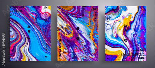 Abstract acrylic poster, fluid art vector texture set. Trendy background that can be used for design cover, poster, brochure and etc. Blue, pink, yellow and white universal trendy painting backdrop