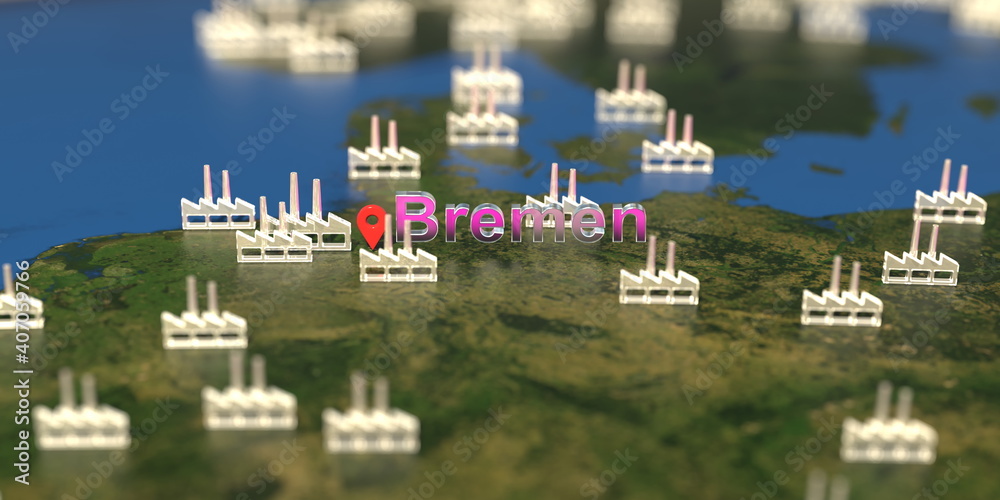 Bremen city and factory icons on the map, industrial production related 3D rendering